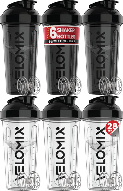 VELOMIX -6 PACK- 28 oz Protein Shaker Bottle for Protein Mixes -6x Wire Whisk | Leak Proof Shaker Cups for Protein Shakes | Large, Stackable Protein Shaker Bottle Pack