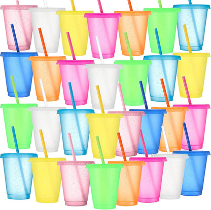 Sieral 30 Pack Cups with Lids and Straws Kids Tumbler with Straw Reusable Water Bottle Iced Coffee Travel Mug Adults Plastic Cups for Parties 16 oz (Candy Colors)