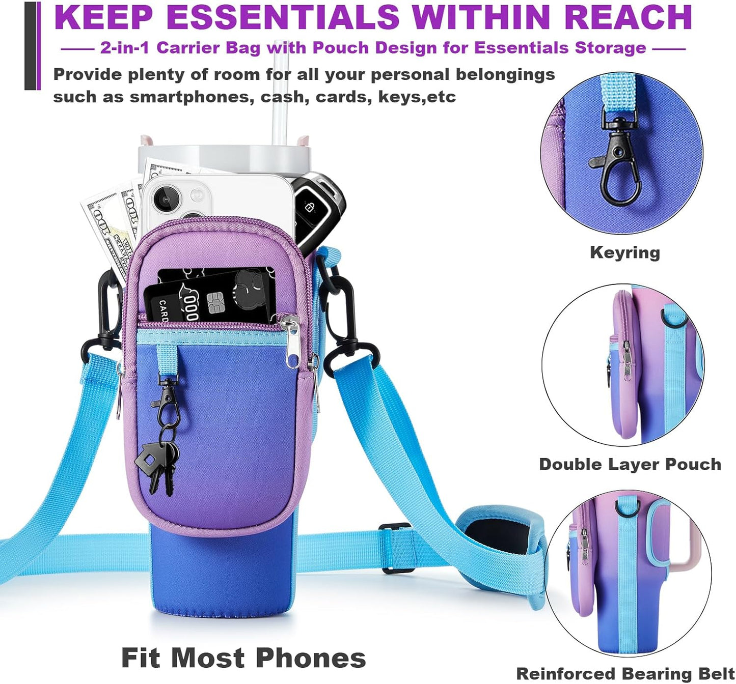 BULKITEM Water Bottle Carrier Bag with Phone Pocket for Stanley 40 & 30 oz Tumbler with Handle,Pink Insulated Neoprene Cup Holder Pouch w/Adjustable Strap for Quencher H2.0 Stanley Cup Accessories