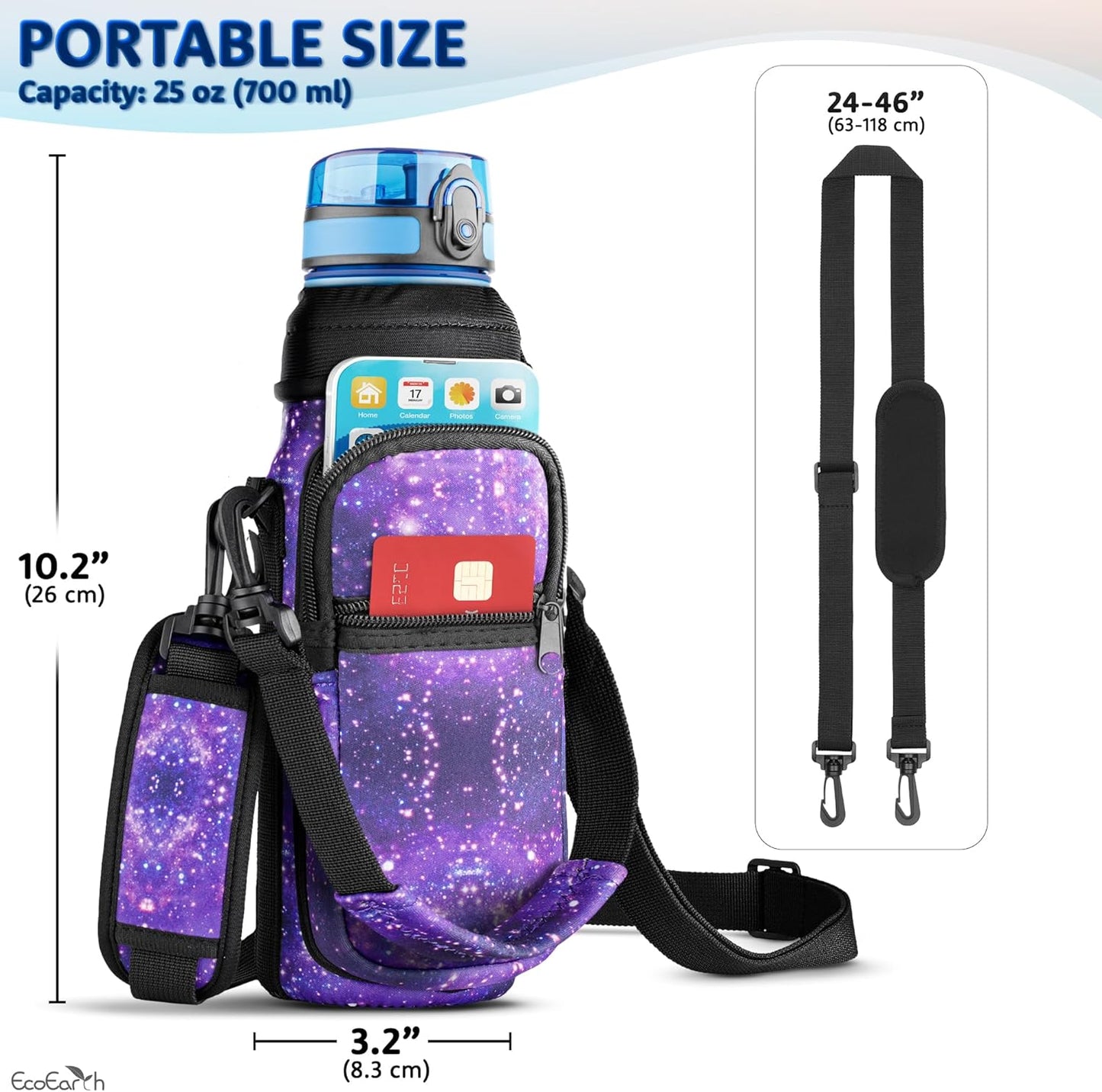 EcoEarth - Water Bottle Holder with Strap - Water Bottle Carrier Bag for Hiking - Crossbody Hydration Pouch with Phone Holder