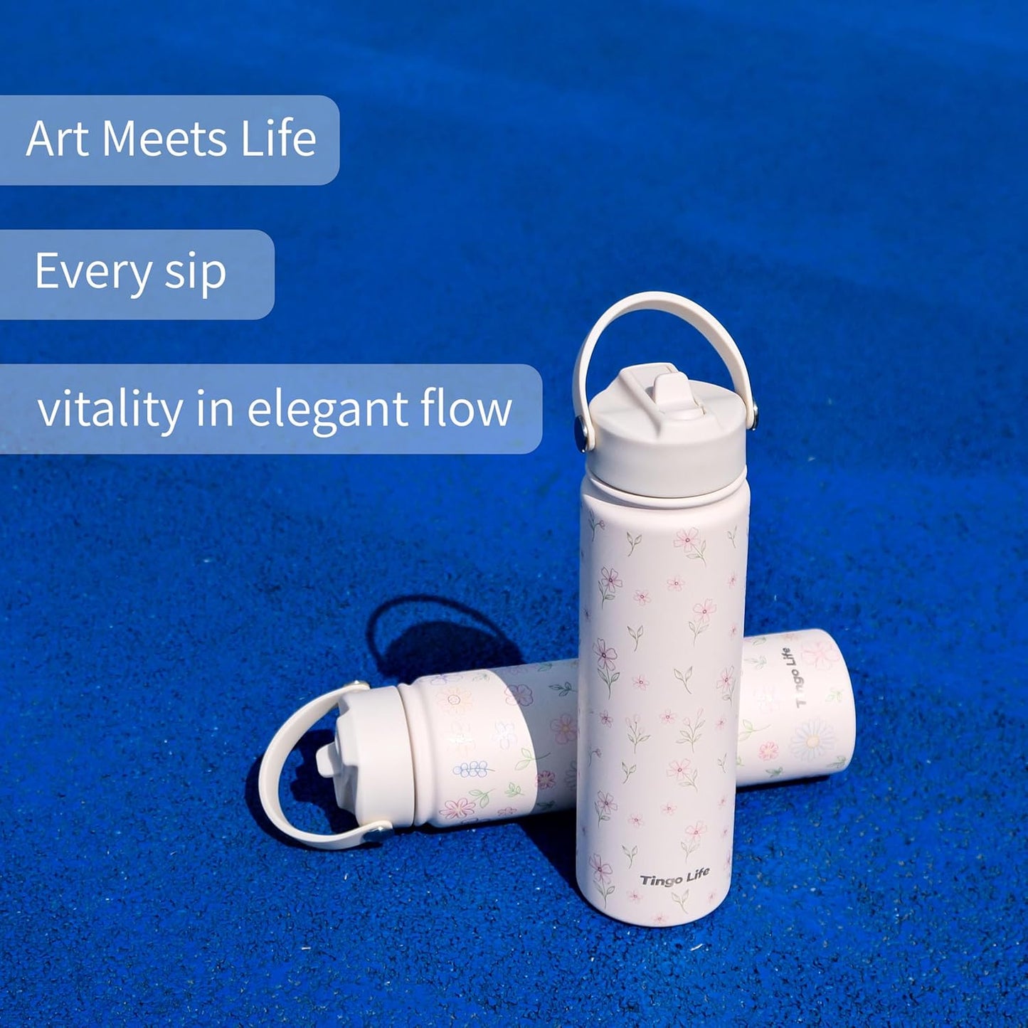 25oz Insulated Stainless Steel Aesthetic Cute Water Bottle - 2 Lids Included (Straw + Sport Handle), Leakproof BPA-Free, Dreamy Cream Cute Floral Design, Perfect Gym/Yoga/Office Companion