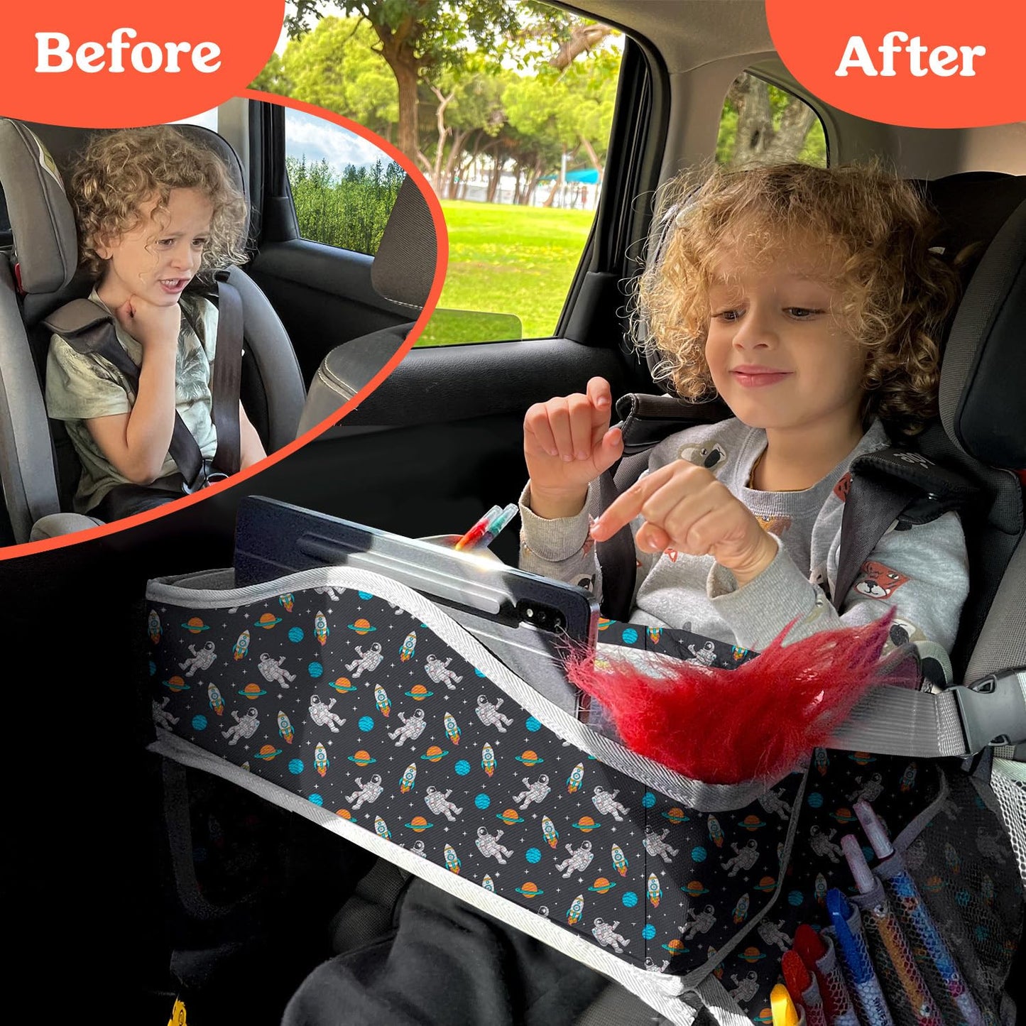 PILLANI Kids Travel Tray for Car - Car Seat Tray with Activity Sheets & Pens, Road Trip Essentials for Car & Airplane, Must Have Toddler Travel Lap Desk Accessories - Road Trip Activities for Kids