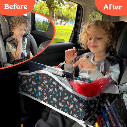 PILLANI Kids Travel Tray for Car - Car Seat Tray with Activity Sheets & Pens, Road Trip Essentials for Car & Airplane, Must Have Toddler Travel Lap Desk Accessories - Road Trip Activities for Kids