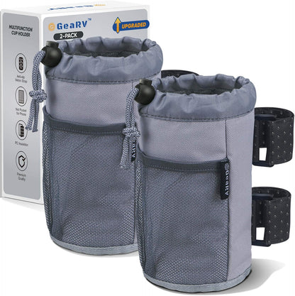 GEARV 2Pack Cup Holder for Bike, Scooter and Wheelchair, Water Bottle Holder for UTV/ATV, Walker, Golf Cart and Beach, Universal Drink Holder Accessories with Net Pocket and Cord Lock (Black)