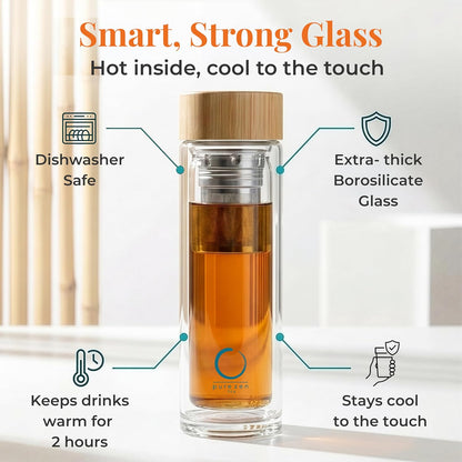 Leakproof Tea Infuser Bottle with Stainless Steel Filter - Insulated Double Wall Tea Tumbler with Infuser for Loose Leaf, Herbal Infusions and Fruit Infused Water - Travel Mug with Bamboo Lid - 15 oz