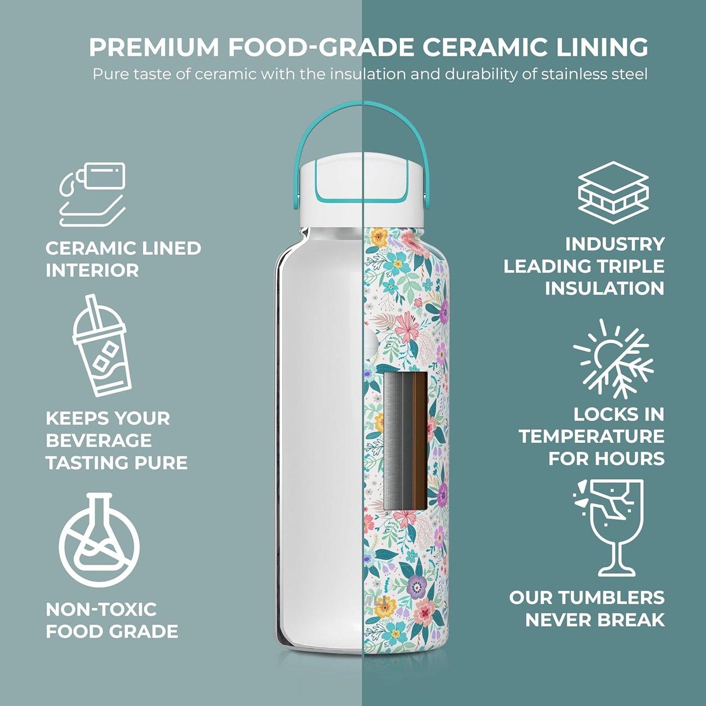 22 oz Ceramic Lined Tea Infuser Travel Tumbler, Micro-Mesh Stainless Steel Infuser, Pure Taste Ceramic Interior, Triple Insulated 12hr Hot Cold, Dual Sip & Straw Lid, Scratch-Resistant