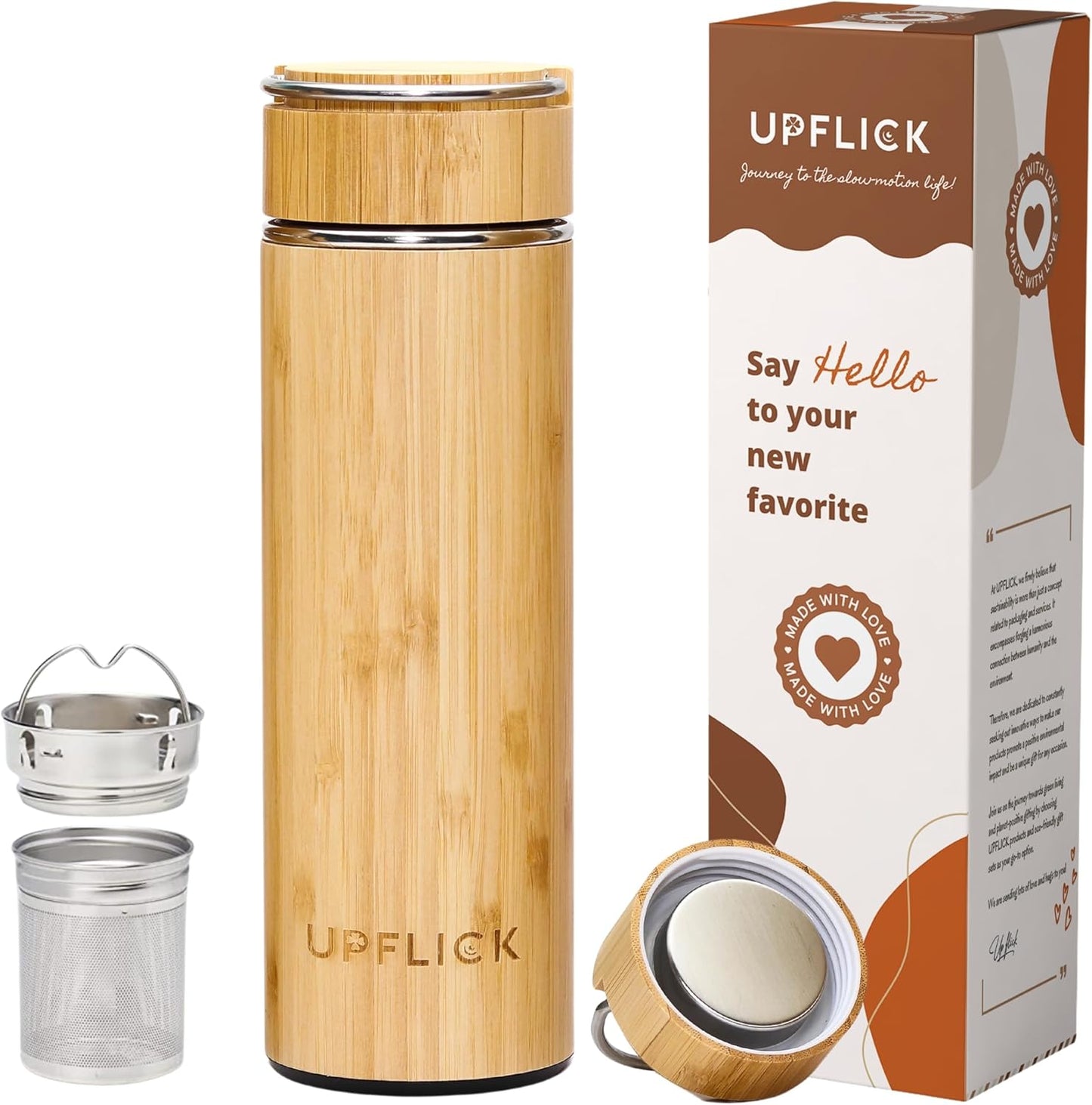 Bamboo Water Bottle Insulated Tea Tumbler for Men Birthday Gift, Women Travel Tea Set with Diffuser for Loose Tea Leaves, Stainless Steel Leak Proof Gift for Mom (15 oz)