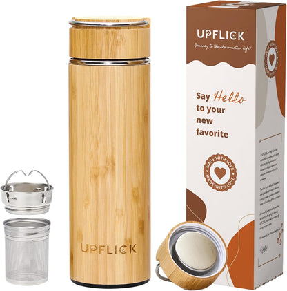 Bamboo Water Bottle Insulated Tea Tumbler for Men Birthday Gift, Women Travel Tea Set with Diffuser for Loose Tea Leaves, Stainless Steel Leak Proof Gift for Mom (15 oz)
