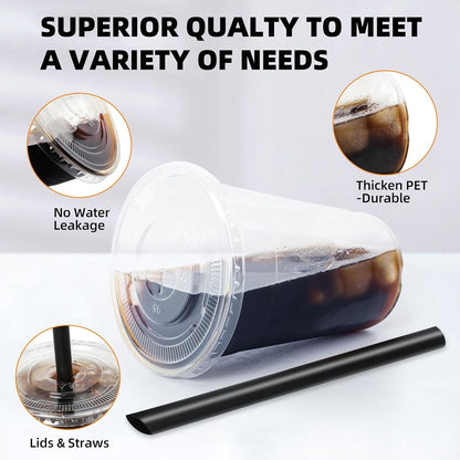 lucdnc 16oz Disposable Clear Plastic Cups with Lids and Smoothies Straws Party Drinking Cups for Milkshakes,Cold Coffee-25 Sets