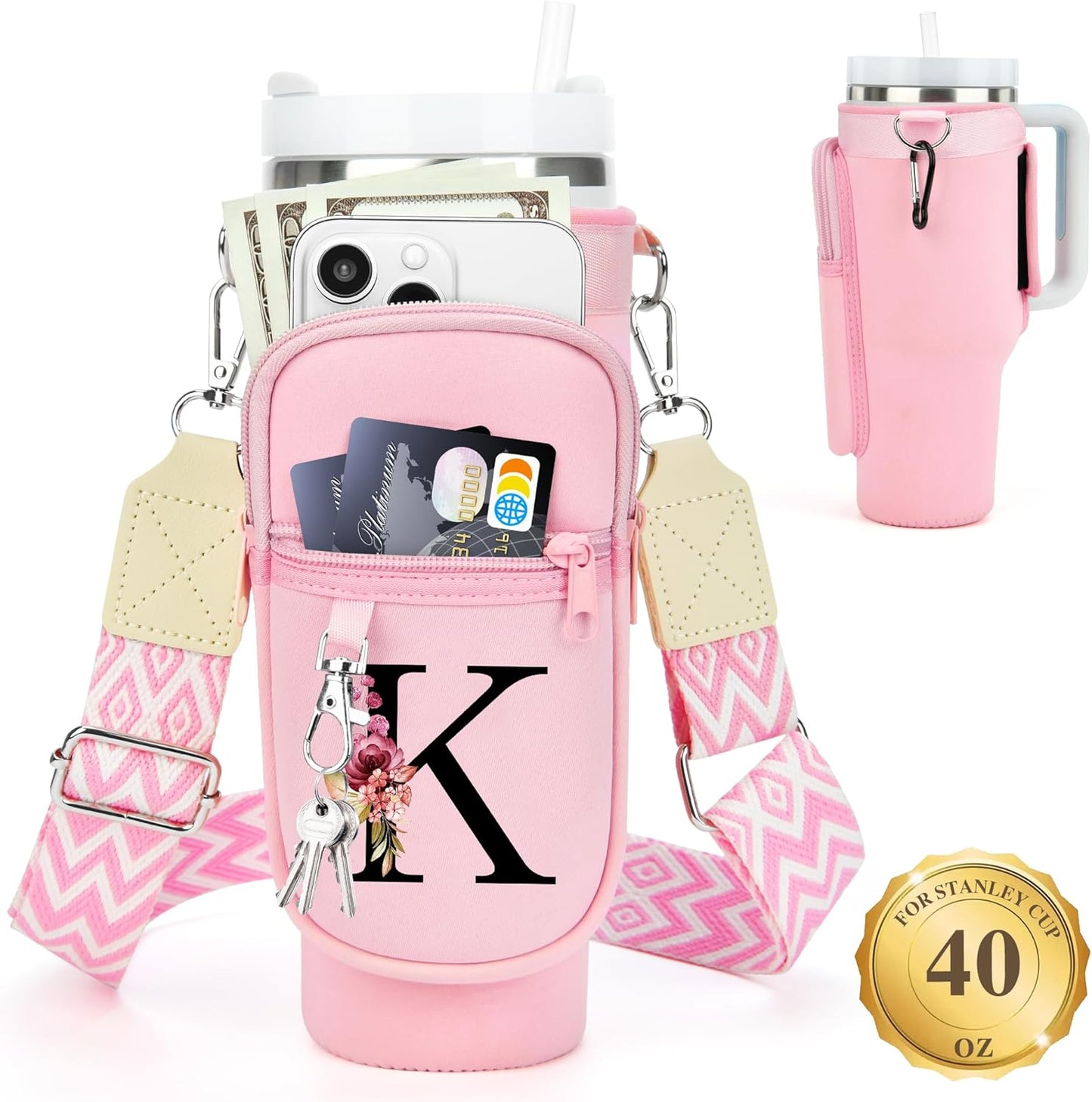 LOKASS Personalized Water Bottle Holder with Strap for Stanley Cup Accessories 40 oz, Initial for Stanley Cup Holder Carrier Bag with Phone Pocket, Stylish Tumbler Accessories for Daily Use Hands-Free
