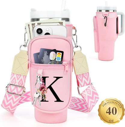 LOKASS Personalized Water Bottle Holder with Strap for Stanley Cup Accessories 40 oz, Initial for Stanley Cup Holder Carrier Bag with Phone Pocket, Stylish Tumbler Accessories for Daily Use Hands-Free