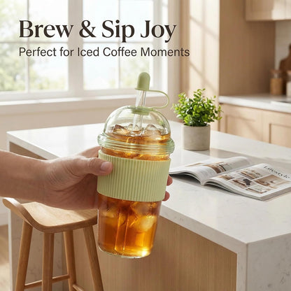 Reusable Ices Coffee Cups with Lids and Straws 17oz, Boba Cup with Straw, Tumbler with Silicone Sleeve for Cold Drinks, Iced Coffee, Bubble Tea Green