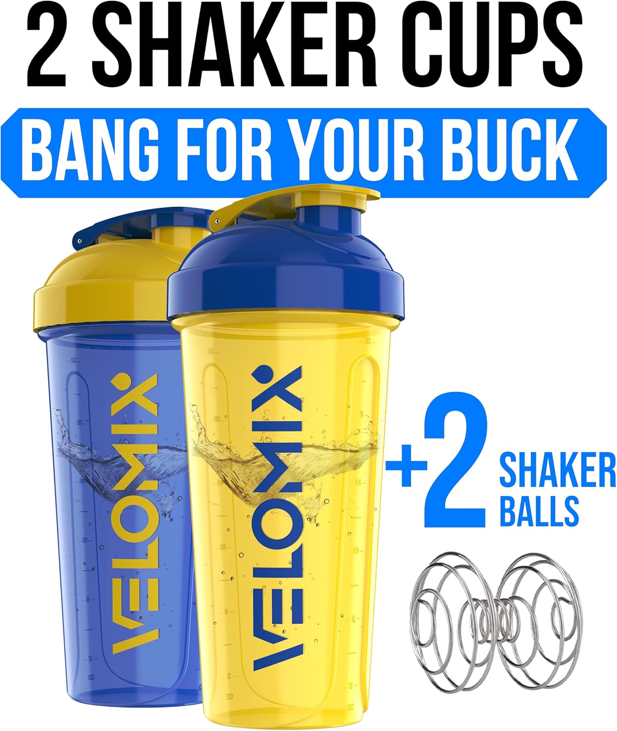 VELOMIX -2 Pack- 28 oz Protein Shaker Bottles for Protein Mixes - 2x Wire Whisk | Leak Proof Shaker Cups for Protein Shakes | Protein Shaker Bottle Pack (Black/Transparent)