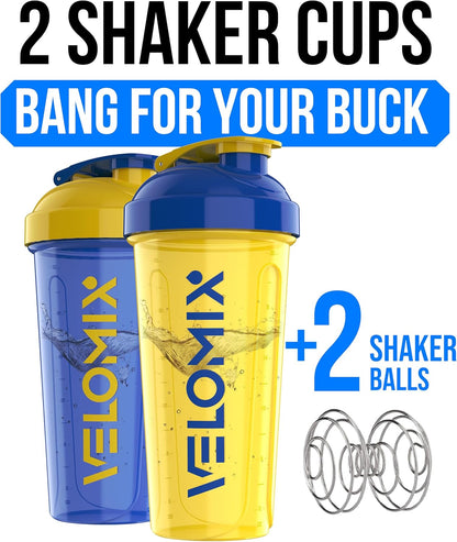 VELOMIX -2 Pack- 28 oz Protein Shaker Bottles for Protein Mixes - 2x Wire Whisk | Leak Proof Shaker Cups for Protein Shakes | Protein Shaker Bottle Pack (Black/Transparent)