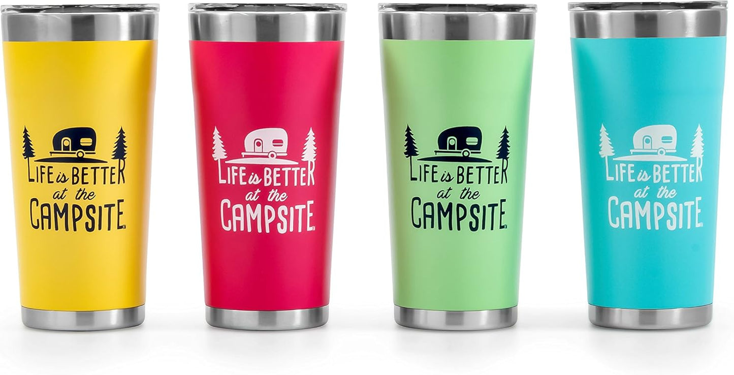 Camco Life is Better at The Campsite Tumbler | Heavy Duty Double Wall Vacuum Insulation | Crafted of 18/8 Stainless Steel | Unique “Life is Better at The Campsite” Design on Cool Blue | 20-oz (53057)