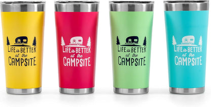 Camco Life is Better at The Campsite Tumbler | Heavy Duty Double Wall Vacuum Insulation | Crafted of 18/8 Stainless Steel | Unique “Life is Better at The Campsite” Design on Cool Blue | 20-oz (53057)