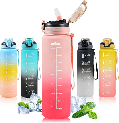 Water Bottle with Straw 1L,Boys Water Bottles with Straw 1 Litre,Waterbottle Leak-Proof Sports Water Bottle,Plastic Drinks Bottles Toxin Free，Bpa-Free (Cyan Black)