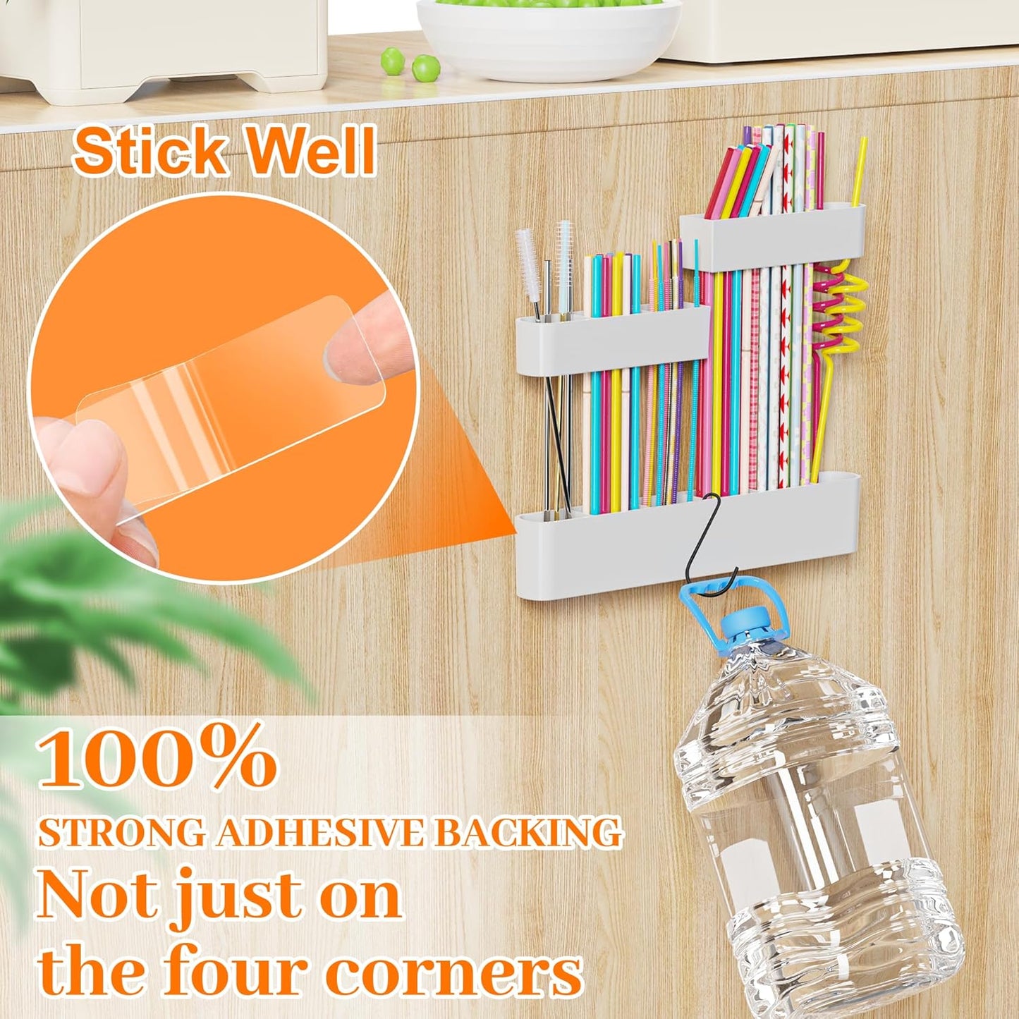 Upgraded 9.84" Large Straw Holder for Cabinet Door, 3-Part Adjustable Straw Organizer Storage with Strong Adhesive Double-sided Tape, Ultra Sticky Under-Cabinet Mount Storage (Transparent)