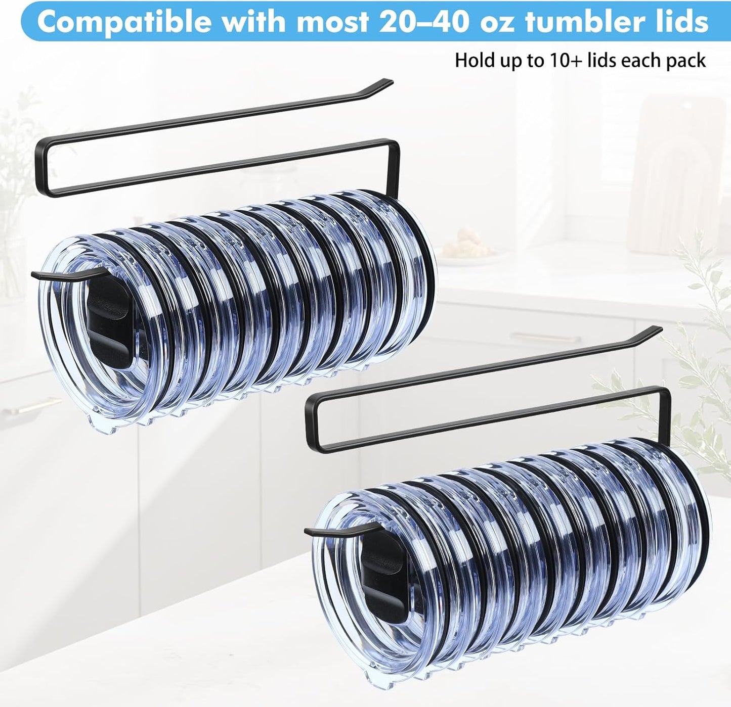 2 Pack Tumbler Lid Organizer, Under Cabinet Cup Lid Holder - Heavy Duty Iron with Anti-Rust Coating, Holds 10+ Lids , No Drill Space-Saving Kitchen Bathroom Organizer for 20–40 oz Tumbler Lids, Black