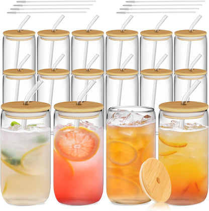 12 Pcs Glass Cups with Bamboo Lids and Straws - 16oz Glass Tumbler, Iced Coffee Cup, Can Shaped Drinking Glasses for Coffee, Tea, Smoothie, Juice, Cocktail Include 2 Cleaning Brushes