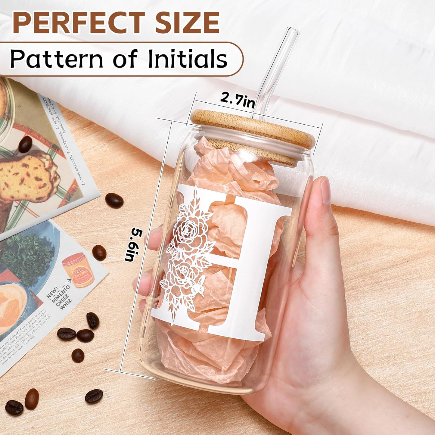 Glass Cups with Lids and Straws: Personalized Initial Glass Cup Be Used As Reusable Iced Coffee Cups with Lids,Cute Matcha Tumbler - The Christmas/Birthday Gifts for Women - M Smoothie Cup