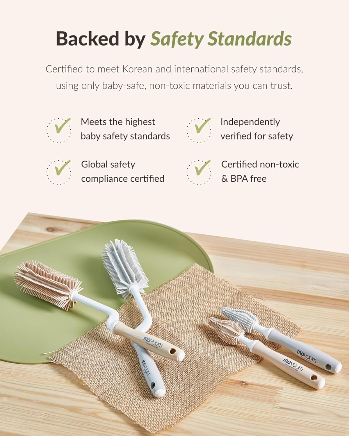 Moyuum Silicone Baby Bottle and Nipple Brush Set | Made in Korea, 360 Degree Rotating Handle, Soft Bristles, Hanging Hole for Quick Drying and Storage, Dishwasher Safe (Cool Grey)