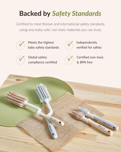 Moyuum Silicone Baby Bottle and Nipple Brush Set | Made in Korea, 360 Degree Rotating Handle, Soft Bristles, Hanging Hole for Quick Drying and Storage, Dishwasher Safe (Cool Grey)