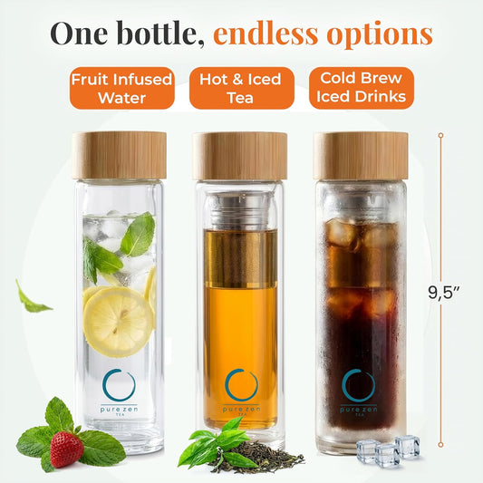 Leakproof Tea Infuser Bottle with Stainless Steel Filter - Insulated Double Wall Tea Tumbler with Infuser for Loose Leaf, Herbal Infusions and Fruit Infused Water - Travel Mug with Bamboo Lid - 15 oz