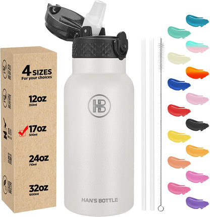 Han's Bottle Sports Water Bottle - 24 Oz, Straw Lid, Leak Proof, Vacuum Insulated Stainless Steel, Double Walled, Thermo Mug,Black