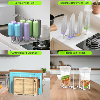 Collapsible Bottle Drying Rack, Foldable Baby Bottle Drying Rack, Portable Drainer Stand Holder for Water Bottles, Cup, Reusable Silicone Bag, Cutting Board (Black)