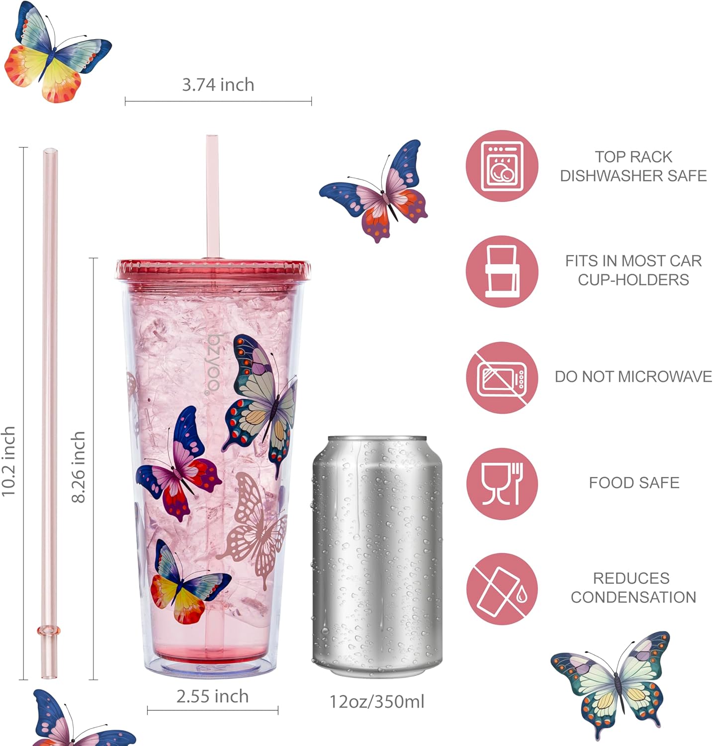 bzyoo SIP 24oz (710ml) Double Wall Plastic Tumbler with Lid and Straw Cold Drink Travel Mug Reusable Party Cup Perfect for Office Ice Coffee or Tea and Gift Color: Pink & Purple