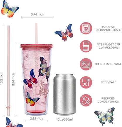bzyoo SIP 24oz (710ml) Double Wall Plastic Tumbler with Lid and Straw Cold Drink Travel Mug Reusable Party Cup Perfect for Office Ice Coffee or Tea and Gift Color: Pink & Purple