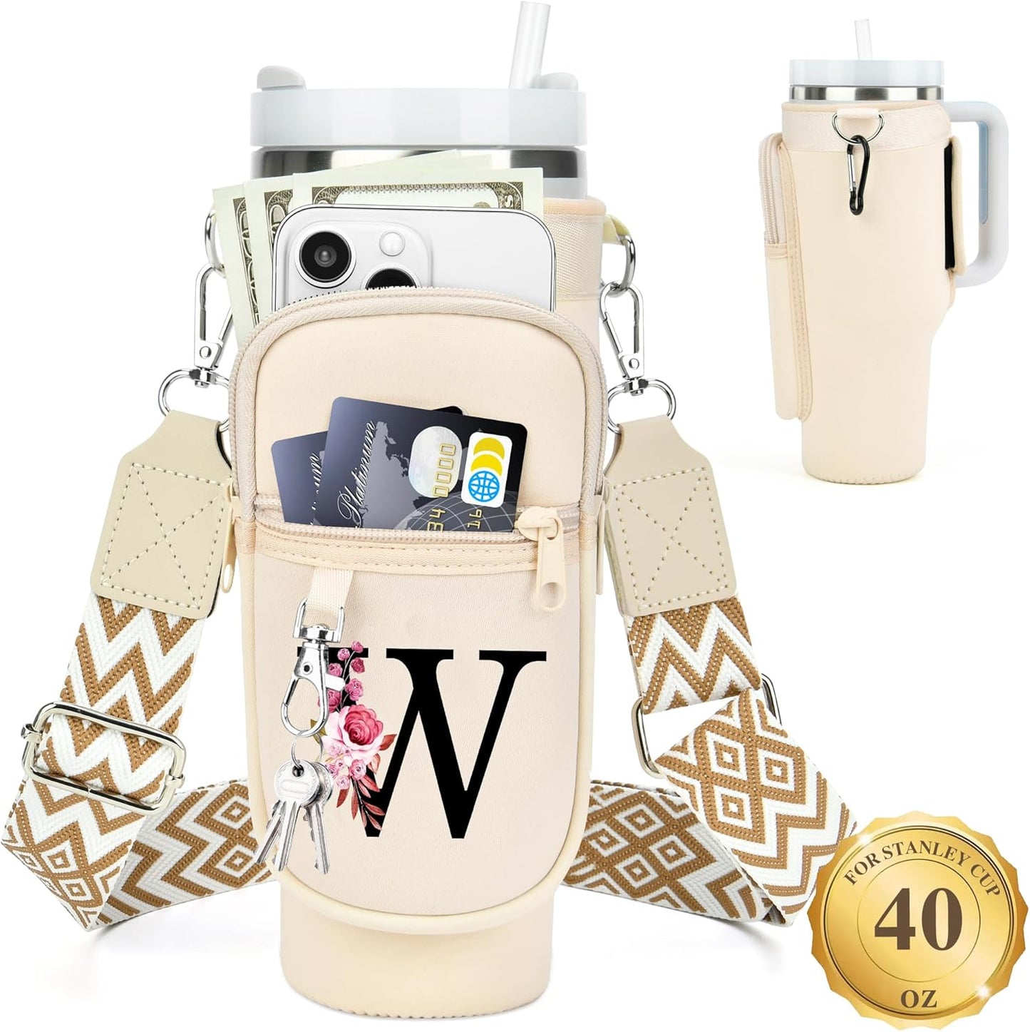 LOKASS Personalized Water Bottle Holder with Strap for Stanley Cup Accessories 40 oz, Initial for Stanley Cup Holder Carrier Bag with Phone Pocket, Stylish Tumbler Accessories for Daily Use Hands-Free