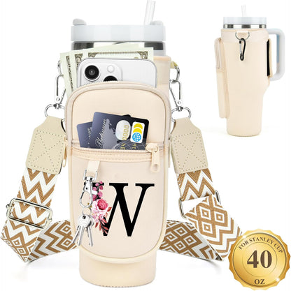 LOKASS Personalized Water Bottle Holder with Strap for Stanley Cup Accessories 40 oz, Initial for Stanley Cup Holder Carrier Bag with Phone Pocket, Stylish Tumbler Accessories for Daily Use Hands-Free