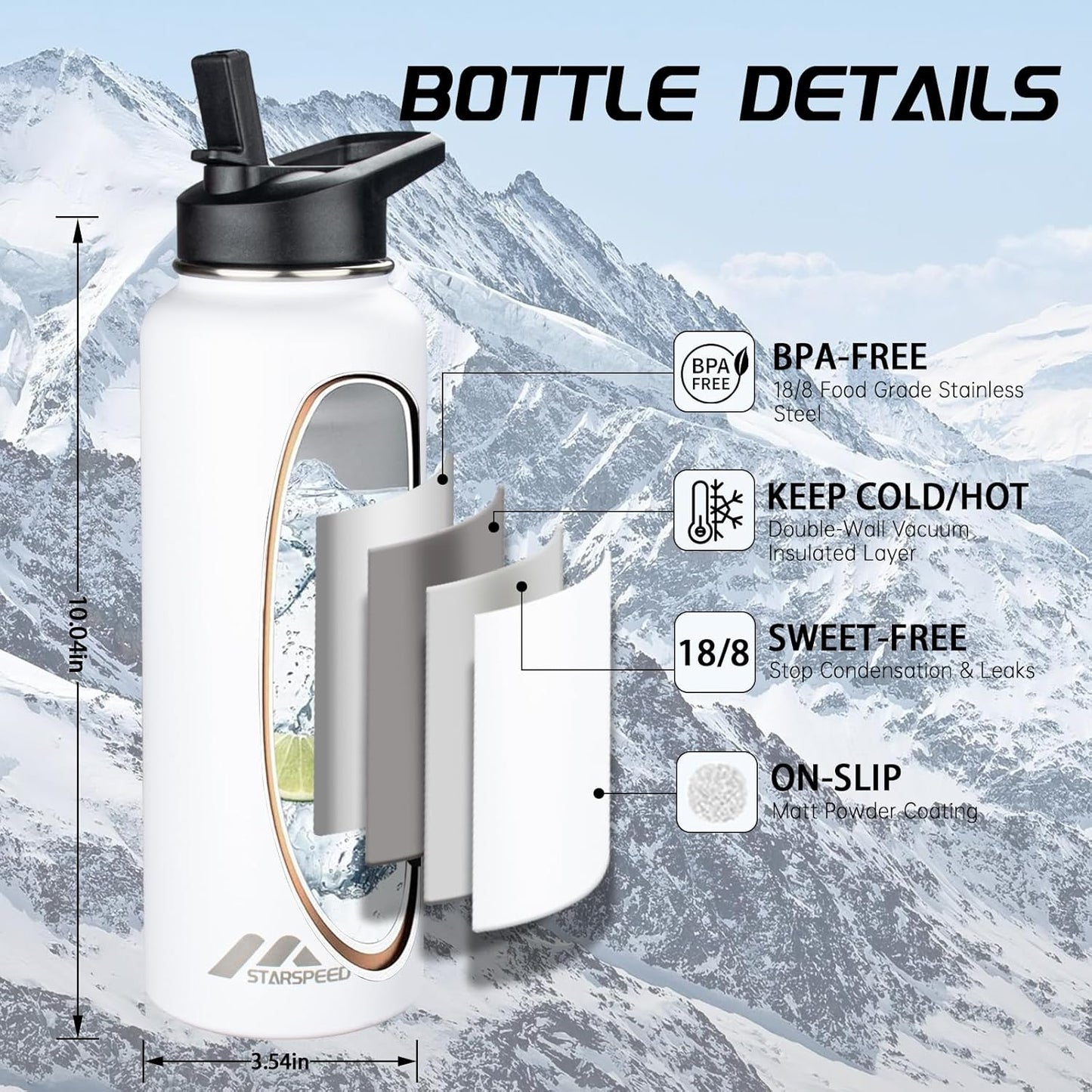 StarSpeed 32oz Insulated Water Bottle with Straw Lid, Stainless Steel Double Walled Vacuum Water Flask, Wide Mouth Sports Water Bottle for Gym Camping Hiking, Indigo Black