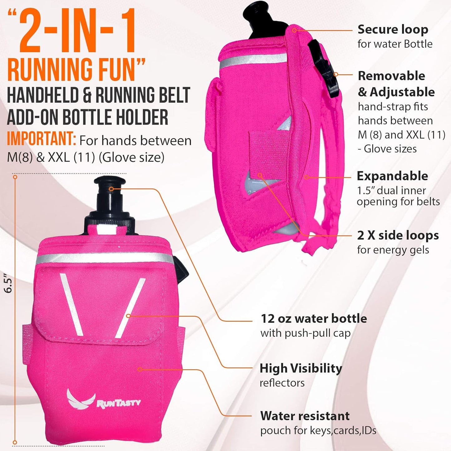 2-in-1 Running Fun: Handheld 12 Oz Water Bottle & Running Belt Add-On. No-Grip Design Straps on Hand & Slides on Belt. Waterproof Pocket for Money, Keys. Maximize Time, Freedom & Health