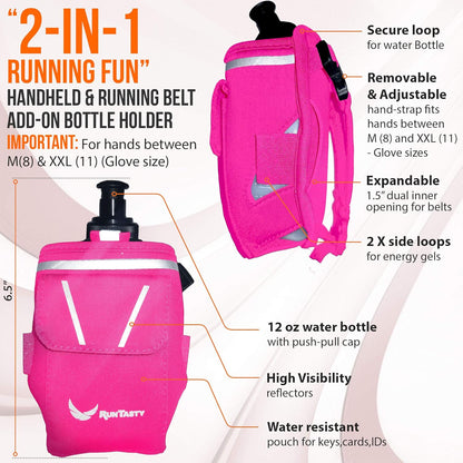 2-in-1 Running Fun: Handheld 12 Oz Water Bottle & Running Belt Add-On. No-Grip Design Straps on Hand & Slides on Belt. Waterproof Pocket for Money, Keys. Maximize Time, Freedom & Health
