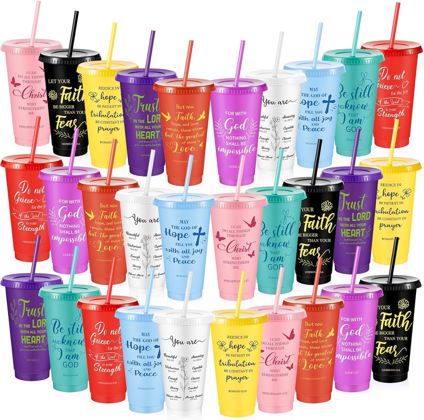 Uiifan 30 Pcs Christian Gifts Cups Bulk for Women, 24oz Bible Verse Christian Tumblers with Lids and Straw, Religious Church Gifts for Mother's Day (Fresh Color,Bible)