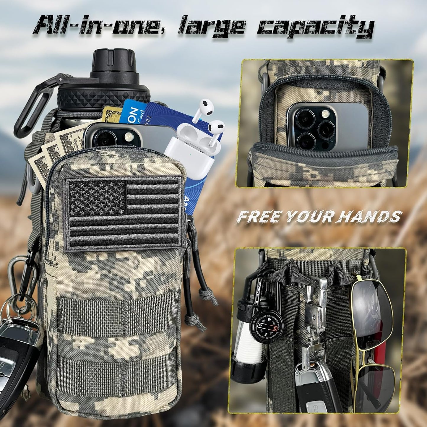 32 oz Insulated Water Bottle with Sleeve - Tactical Stainless Steel Gym Water Bottles for Men, Sports Water Bottle for Hiking Camping Outdoor with Camo Pouch