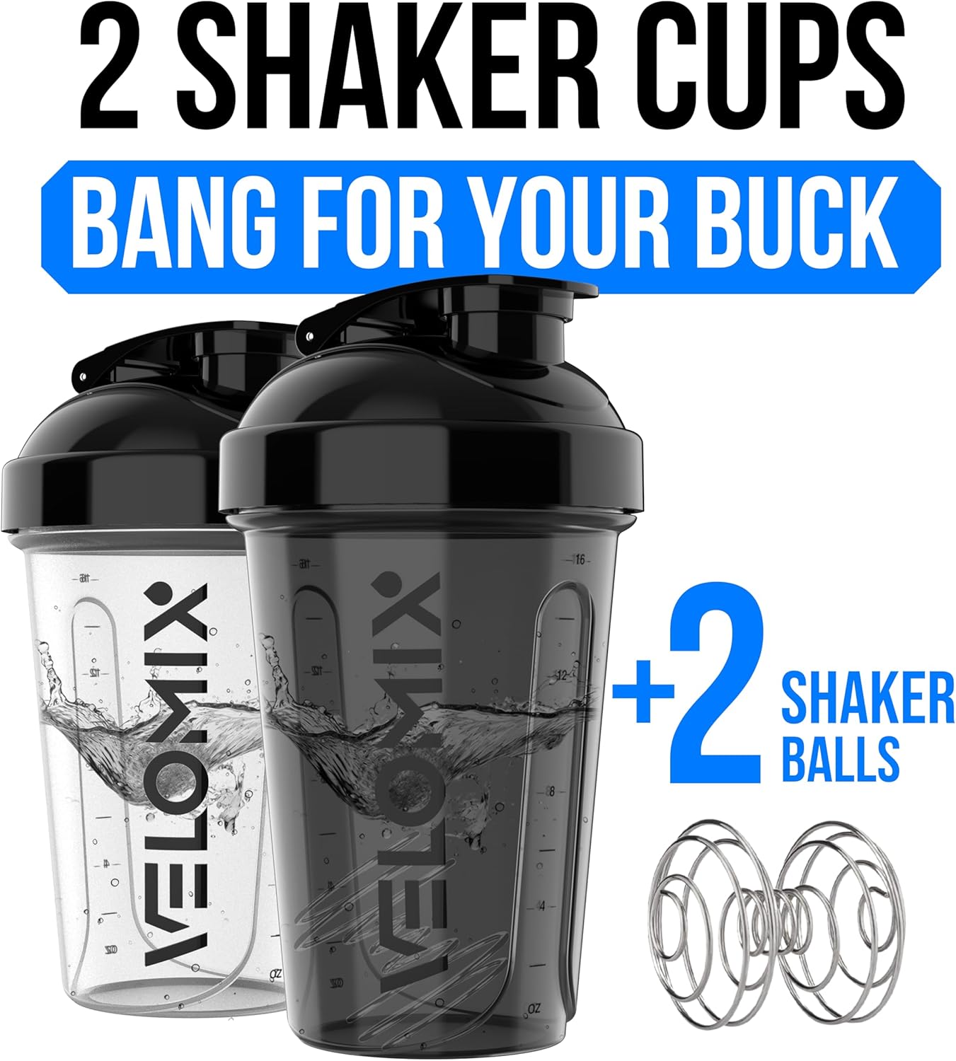VELOMIX -2 Pack- 20 oz Protein Shaker Bottles for Protein Mixes - 2x Wire Whisk | Leak Proof Shaker Cups for Protein Shakes and Pre Workout | Protein Shaker Bottle Pack (Black/Transparent)