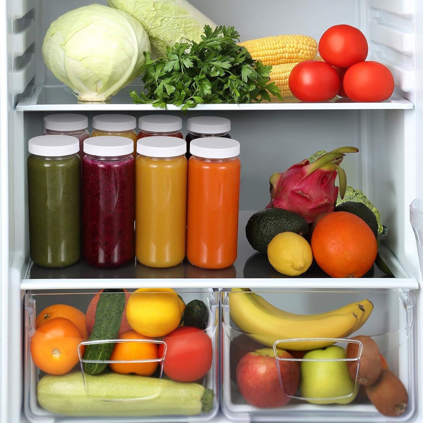 8 Pack 16OZ Glass Juice Bottles with 8 Airtight Lids & 2 Straw Lids & 2 Straws - Freezable Juice Container, Travel Juicing Jars, Drinking Water Cups - Reusable Tall Mason Jar for Tea, Juice, Smoothies
