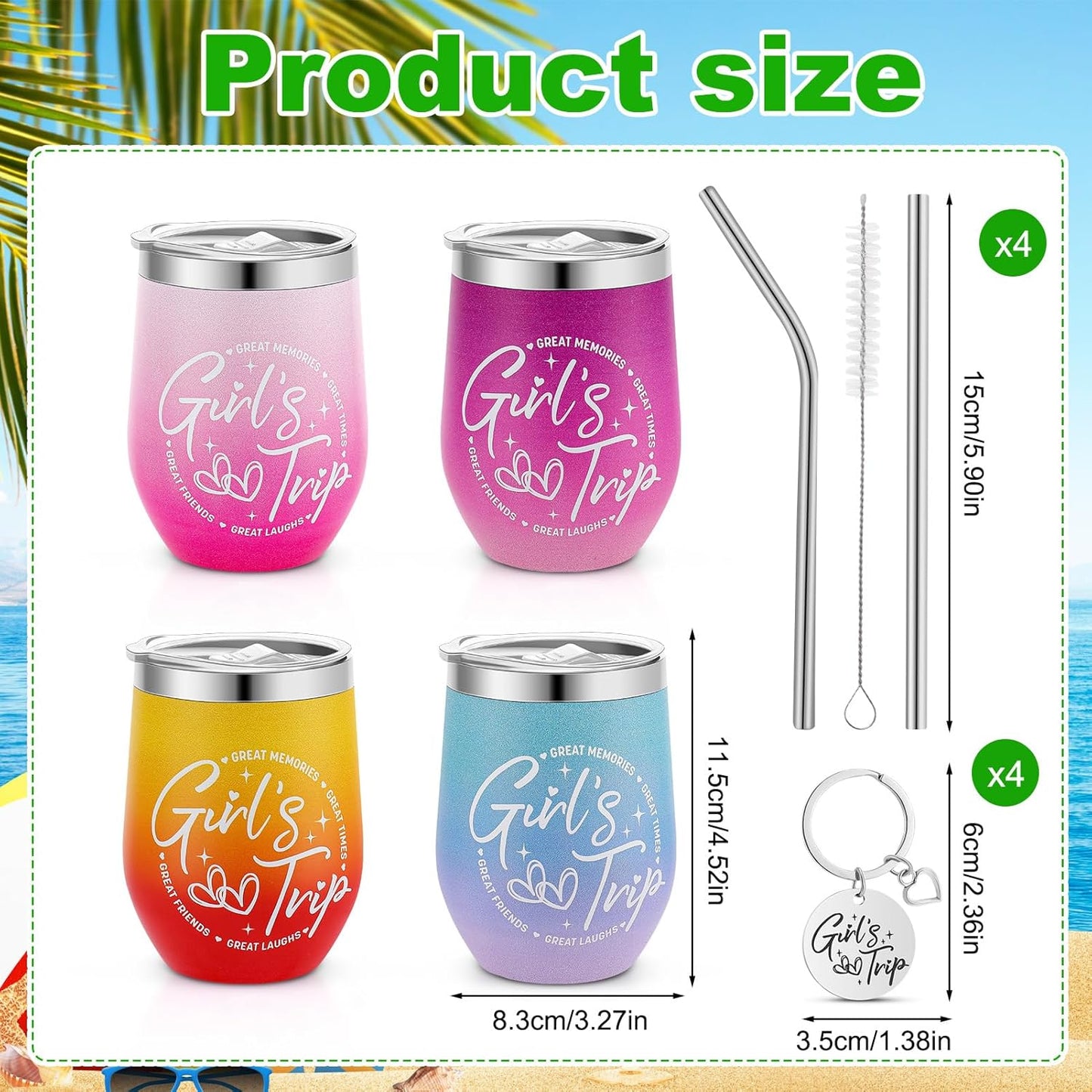 Ovveroche12 Pcs Girls Trip Gifts Set Include 4 Friends Wine Tumbler with Lid And Straw 12 Oz 4 Friends Cosmetic Bag 4 Keychains Bulk Friend Appreciation Gifts Set for Girls Weekend Bachelorette Travel