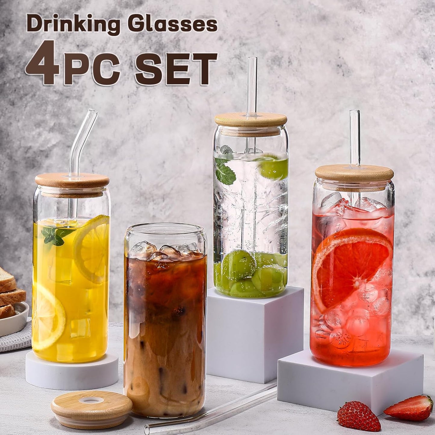 DWTS DANWEITESI Glass Cups with Lids and Straws 4 pcs,16oz Drinking Glasses Set for Coffee Bar Accessories,Iced Coffee Cups with Lids,Matcha Cup Glass Tumbler Reusable for Gifts