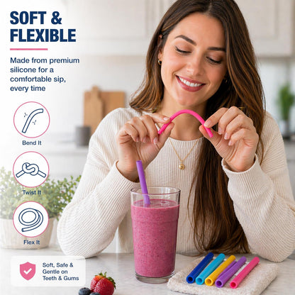 Reusable Silicone Drinking Straws - Set of 5 - BPA Free - Free Cleaning Brush Included - 10" Long Extra Wide Fat Straws - Great Gift for Smoothies & Bubble Tea Lovers