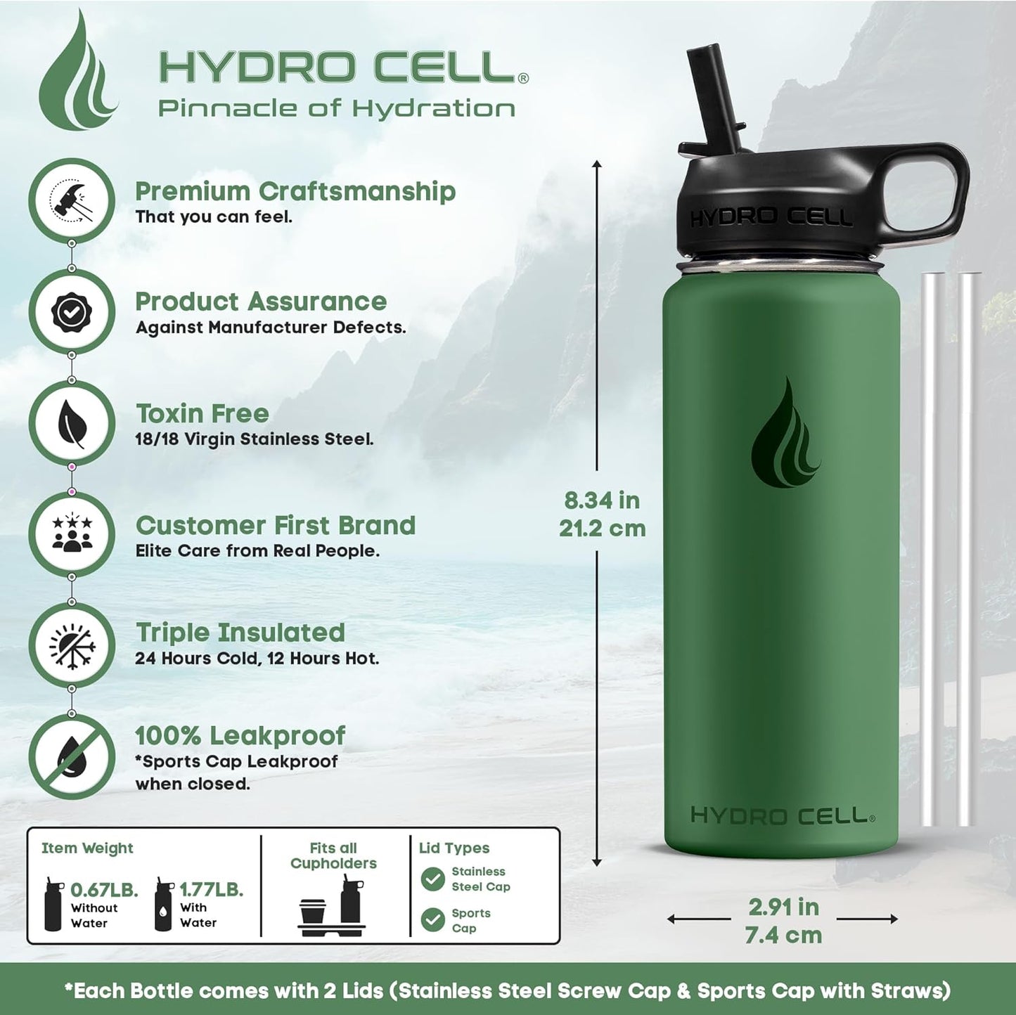 HYDRO CELL Stainless Steel Insulated Water Bottle with Straw - For Cold & Hot Drinks - Metal Vacuum Flask with Screw Cap and Modern Leakproof Sport Thermos for Adults (Neon 18oz)