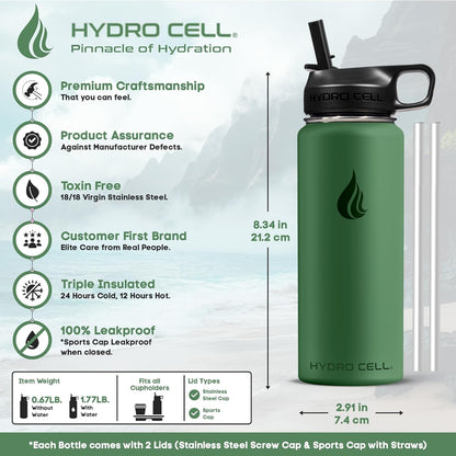 HYDRO CELL Stainless Steel Insulated Water Bottle with Straw - For Cold & Hot Drinks - Metal Vacuum Flask with Screw Cap and Modern Leakproof Sport Thermos for Adults (Neon 18oz)