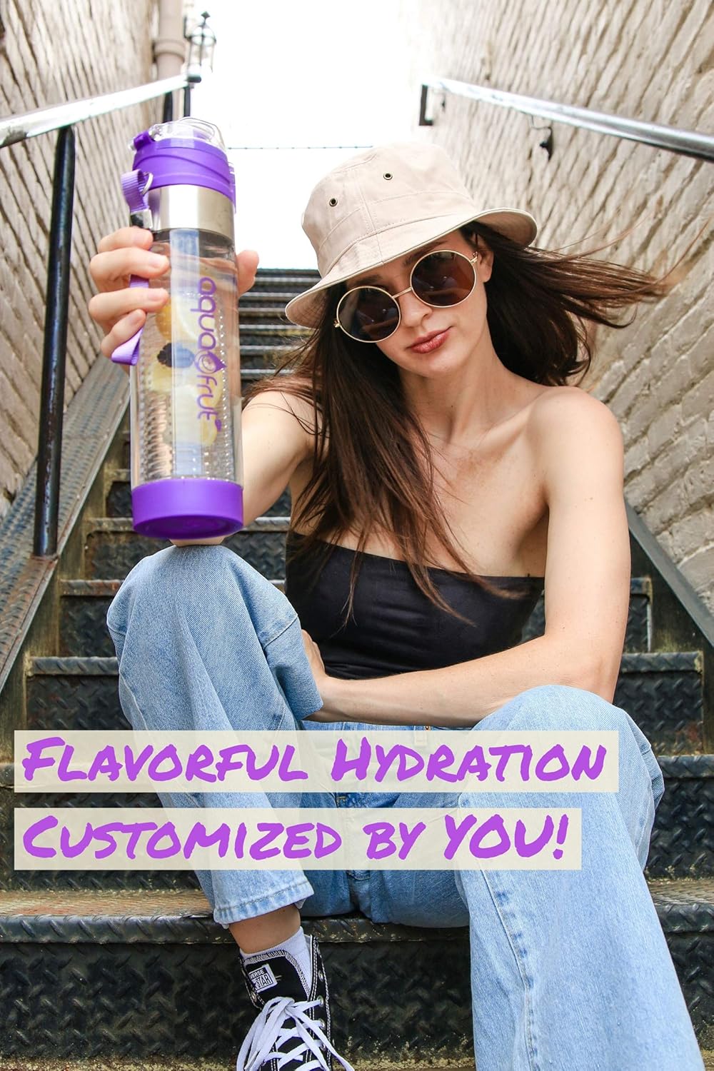 NEW Improved AquaFrut Bottom Loading Fruit Infuser Water Bottle Complete Bundle Includes Bottle Brush, Insulating Sleeve & Infusion Recipe eBook. Leak Proof Sweat Proof BPA-Free (Purple)
