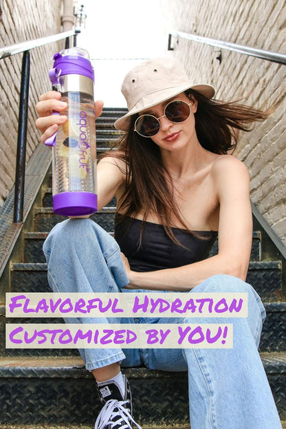 NEW Improved AquaFrut Bottom Loading Fruit Infuser Water Bottle Complete Bundle Includes Bottle Brush, Insulating Sleeve & Infusion Recipe eBook. Leak Proof Sweat Proof BPA-Free (Purple)