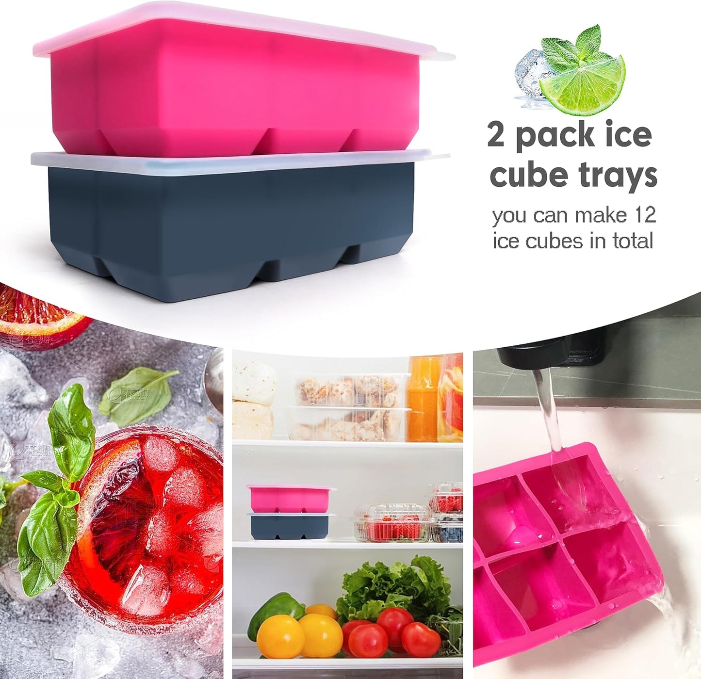 Excnorm Silicone Ice Cube Trays 3 Pack - Large Size Silicone Ice Cube Molds with Leak Proof Removable Lid Square Ice Cube Tray And BPA Free for Cocktail,Whiskey, Stackable Flexible Ice