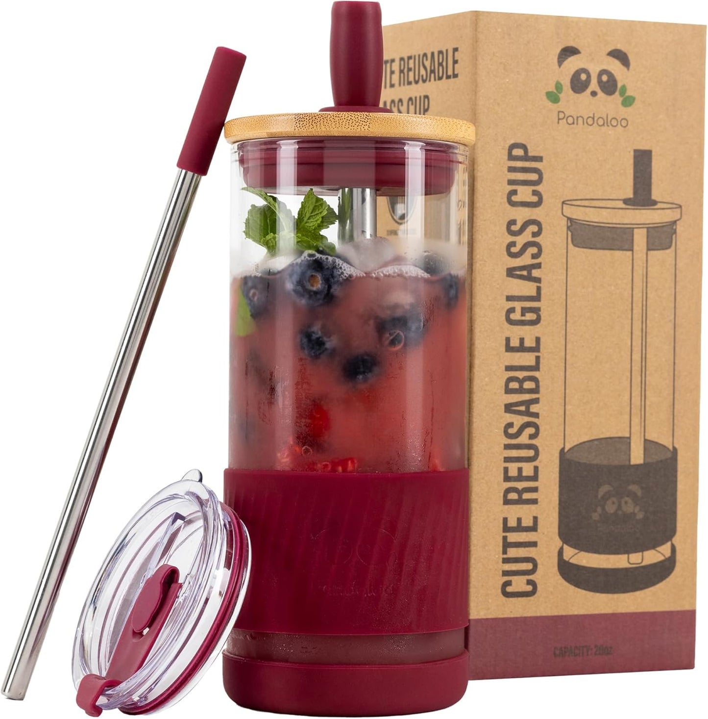 Pandaloo® Glass Cups With Lids and Straws -20 Fl Oz- Perfect Size Iced Coffee Cup - Smoothie Cup With Bamboo Lid and On the go Lid - Glass Tumbler With Straw (1 Count (Pack of 1), Lilac Rhapsody)